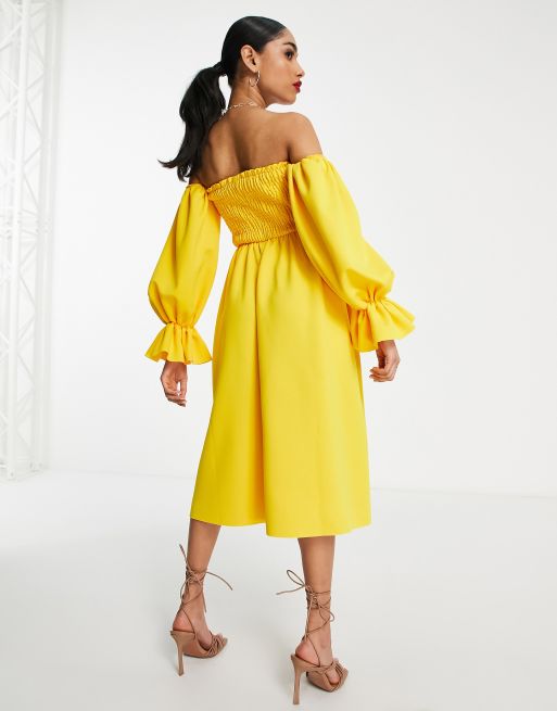 ASOS DESIGN Petite shirred bardot blouson sleeve prom midi dress in lemon ASOS