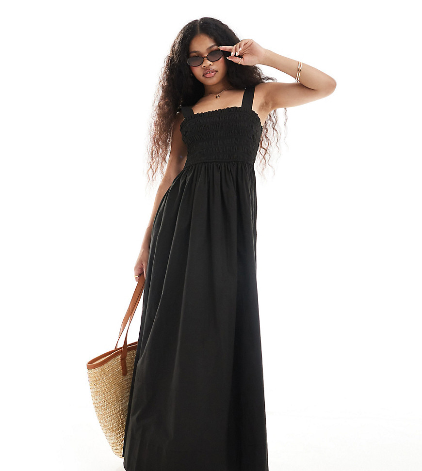 ASOS DESIGN Petite shirred bust maxi beach dress in black