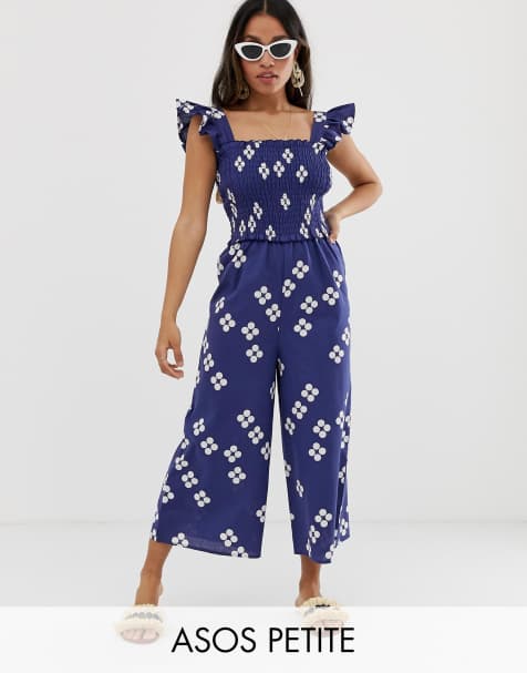 ASOS DESIGN Petite shirred frill sleeve jumpsuit in spot print