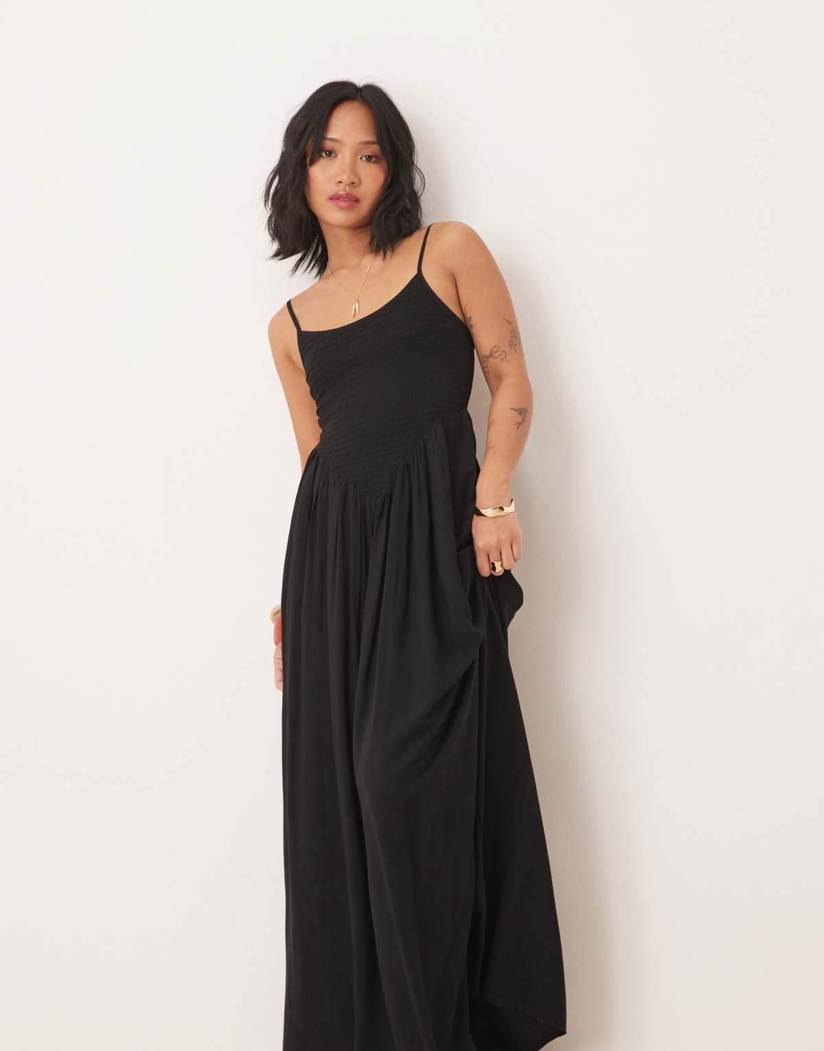 ASOS DESIGN Petite shirred maxi beach dress in black