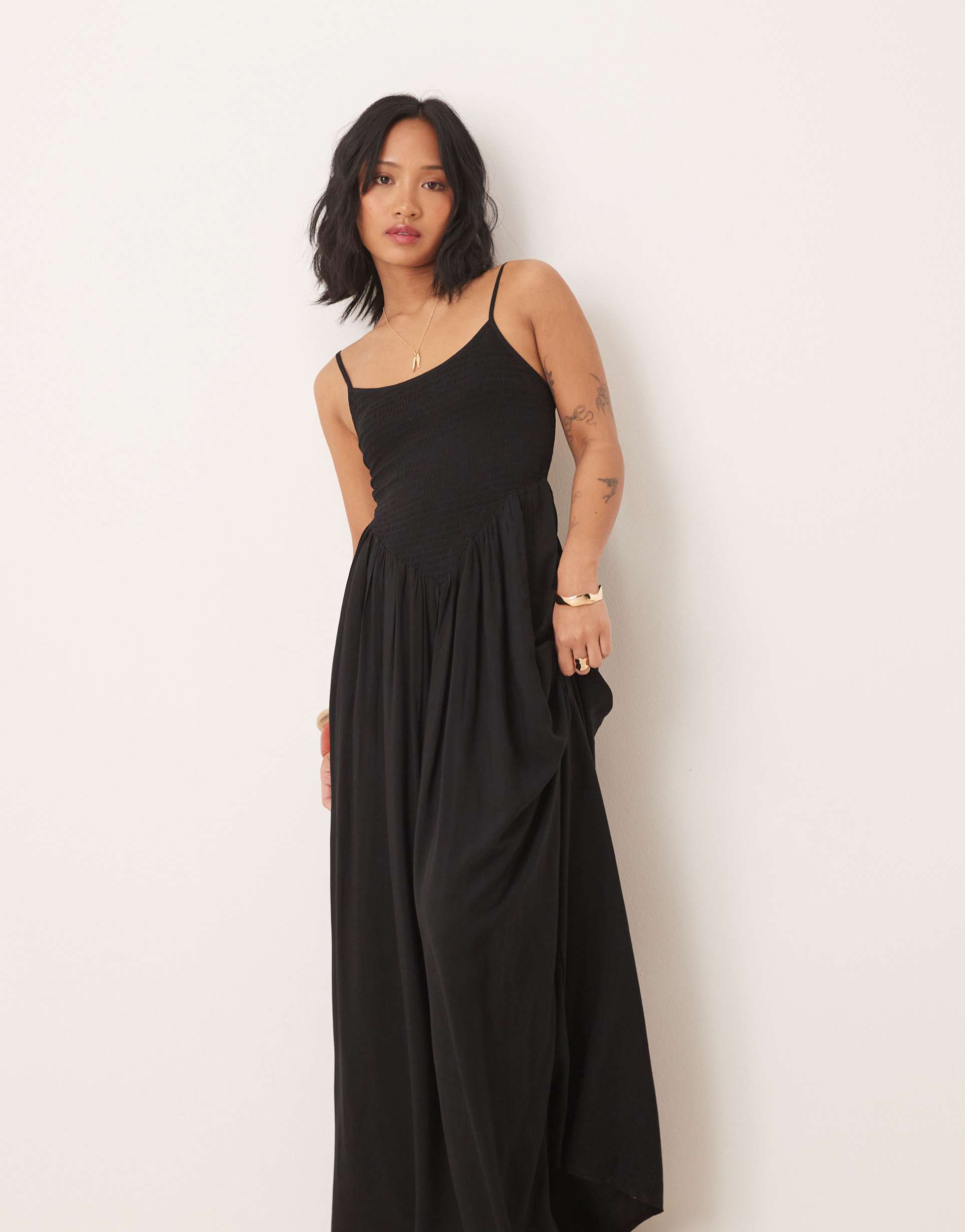 asos design petite shirred maxi beach dress in black