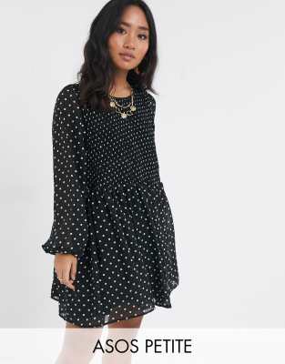 ASOS DESIGN Petite shirred mini smock dress in mono spot print-Multi