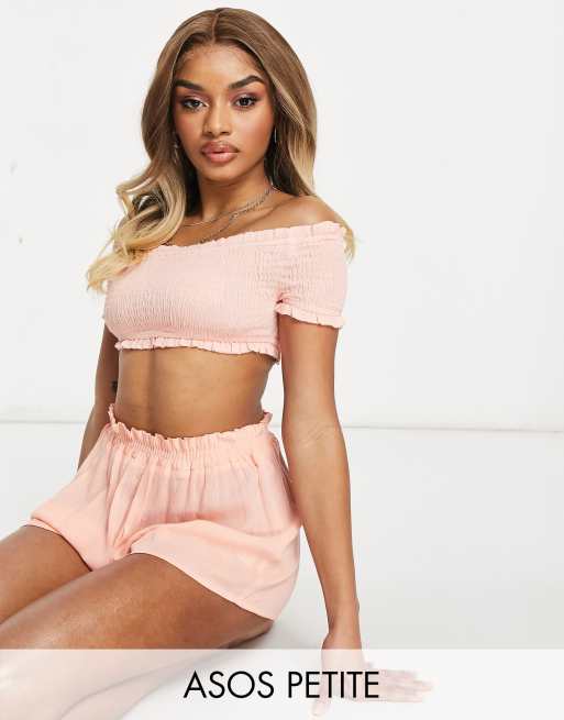 ASOS DESIGN petite shirred off shoulder beach co-ord crop top in orange