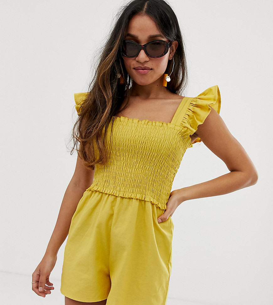 ASOS DESIGN Petite shirred playsuit with frill sleeve-Green