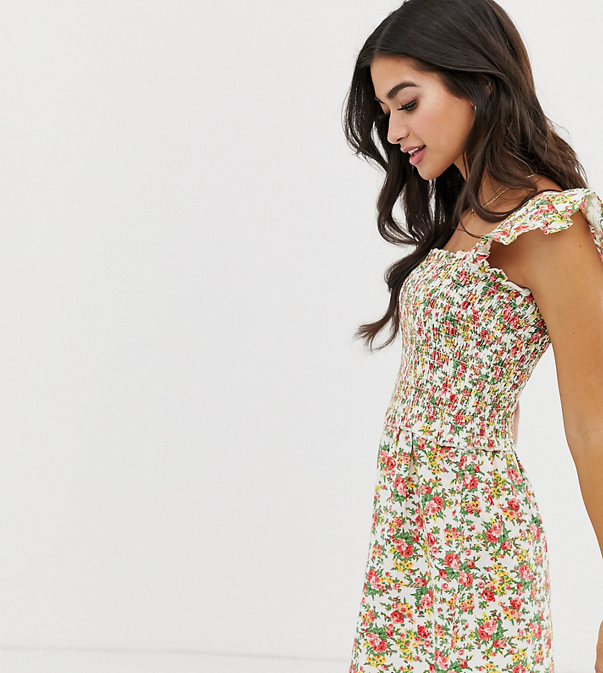 ASOS DESIGN Petite shirred playsuit with frill sleeve-Multi