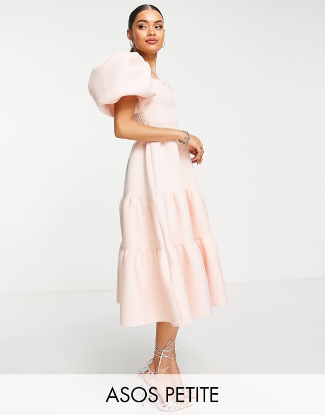 ASOS DESIGN Petite shirred puff sleeve tiered prom midi dress in peach dust