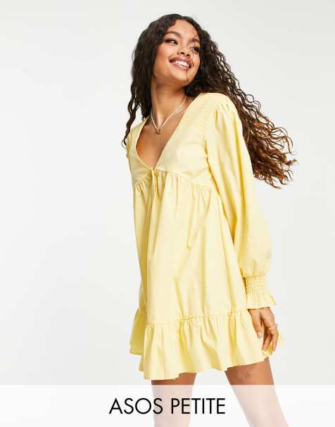 ASOS DESIGN Petite shirred shoulder button through smock mini dress in yellow - view 1