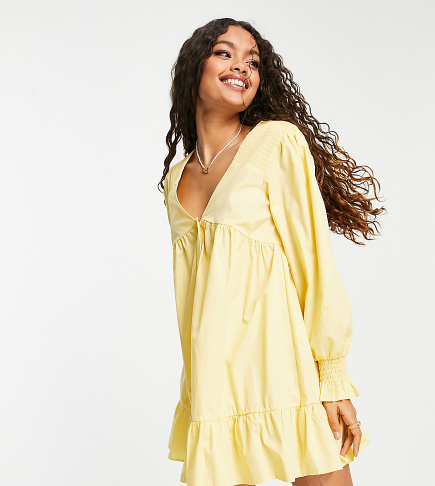 ASOS DESIGN Petite shirred shoulder button through smock mini dress in yellow