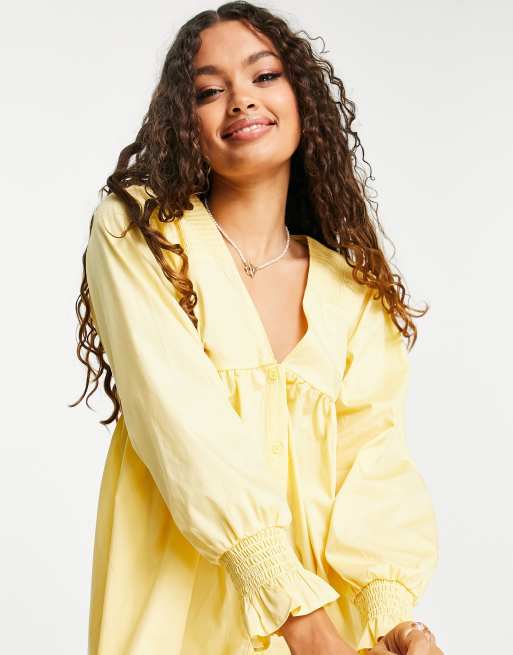 ASOS DESIGN Petite shirred shoulder button through smock mini dress in yellow, 3 of 4
