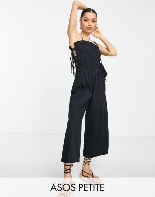 ASOS Petite ASOS DESIGN Petite shirred strappy jumpsuit with tie side detail in black