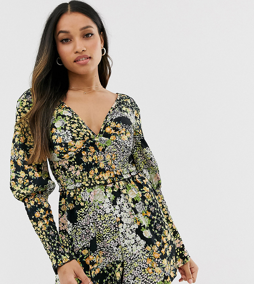 ASOS DESIGN Petite shirred waist and sleeve long sleeve v neck playsuit in floral print-Multi