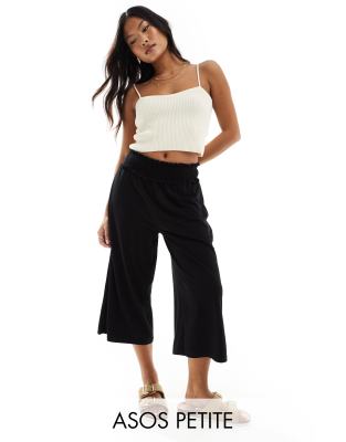 ASOS DESIGN Petite shirred waist cropped culotte pants in black