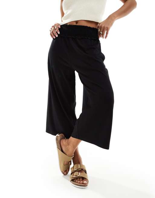 ASOS DESIGN Petite shirred waist cropped culotte trouser in black