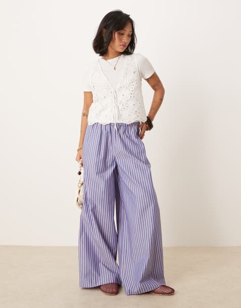ASOS DESIGN Petite shirred waist pants in blue and red stripe - view 1