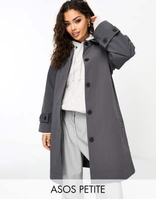 ASOS DESIGN Petite short belted top collar trench coat in gray