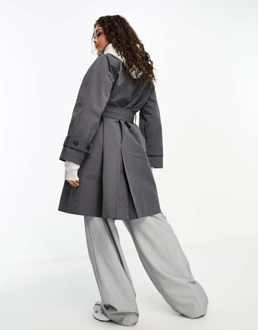 ASOS DESIGN Petite short belted top collar trench coat in gray