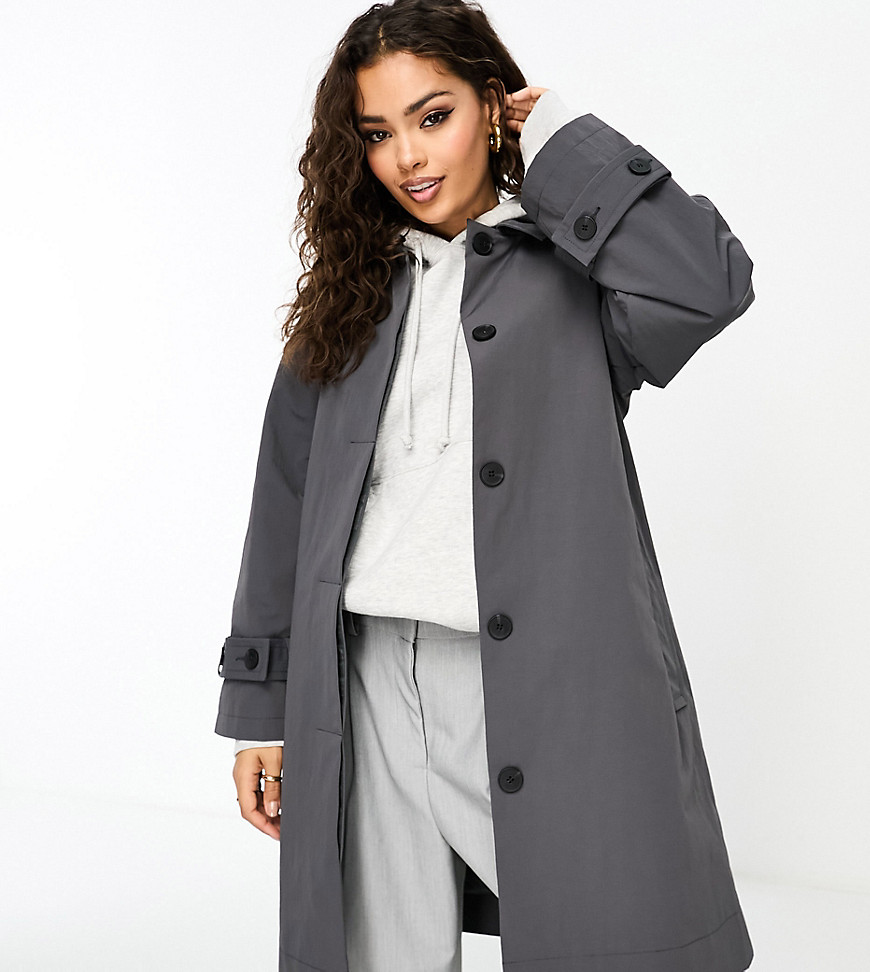 ASOS DESIGN Petite short belted top collar trench coat in grey