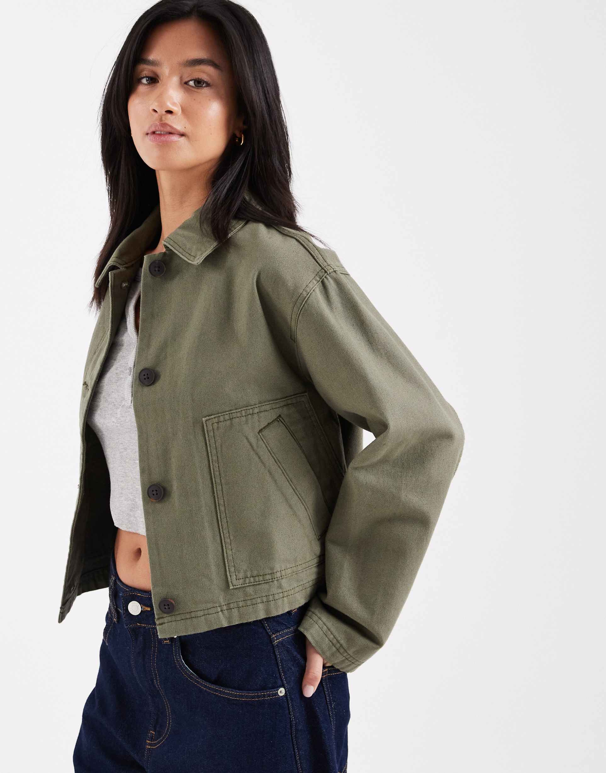 asos design petite short cotton harrington jacket in khaki