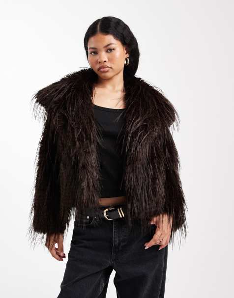 ASOS DESIGN Petite short feather faux fur jacket in chocolate - view 1