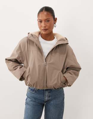 Asos Petite Asos Design Petite Short Hooded Rain Coat With Borg Liner In Neutral