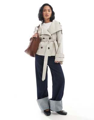 Asos Petite Asos Design Petite Short Linen Look Trench Coat In Neutral