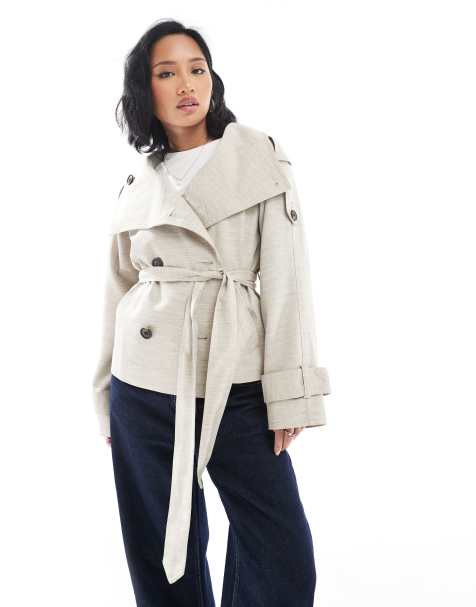 ASOS DESIGN Petite short linen trench coat in stone - view 1