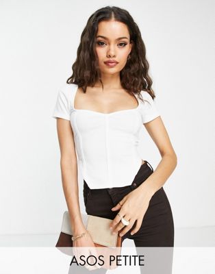 ASOS DESIGN Petite short sleeve corset top with ultra wide neck in white