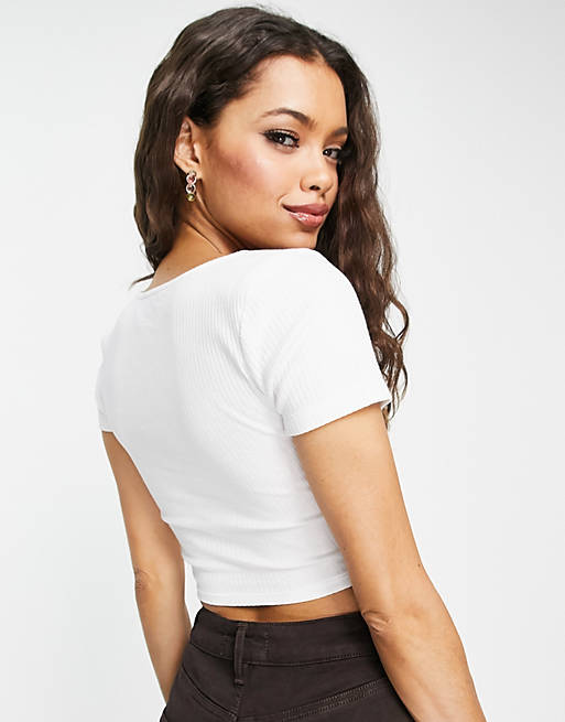  Petite short sleeve corset top with ultra wide neck in white 