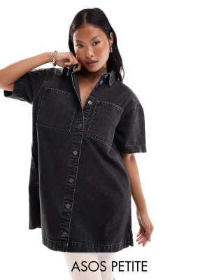 ASOS DESIGN Petite short sleeve denim shirt dress in washed black