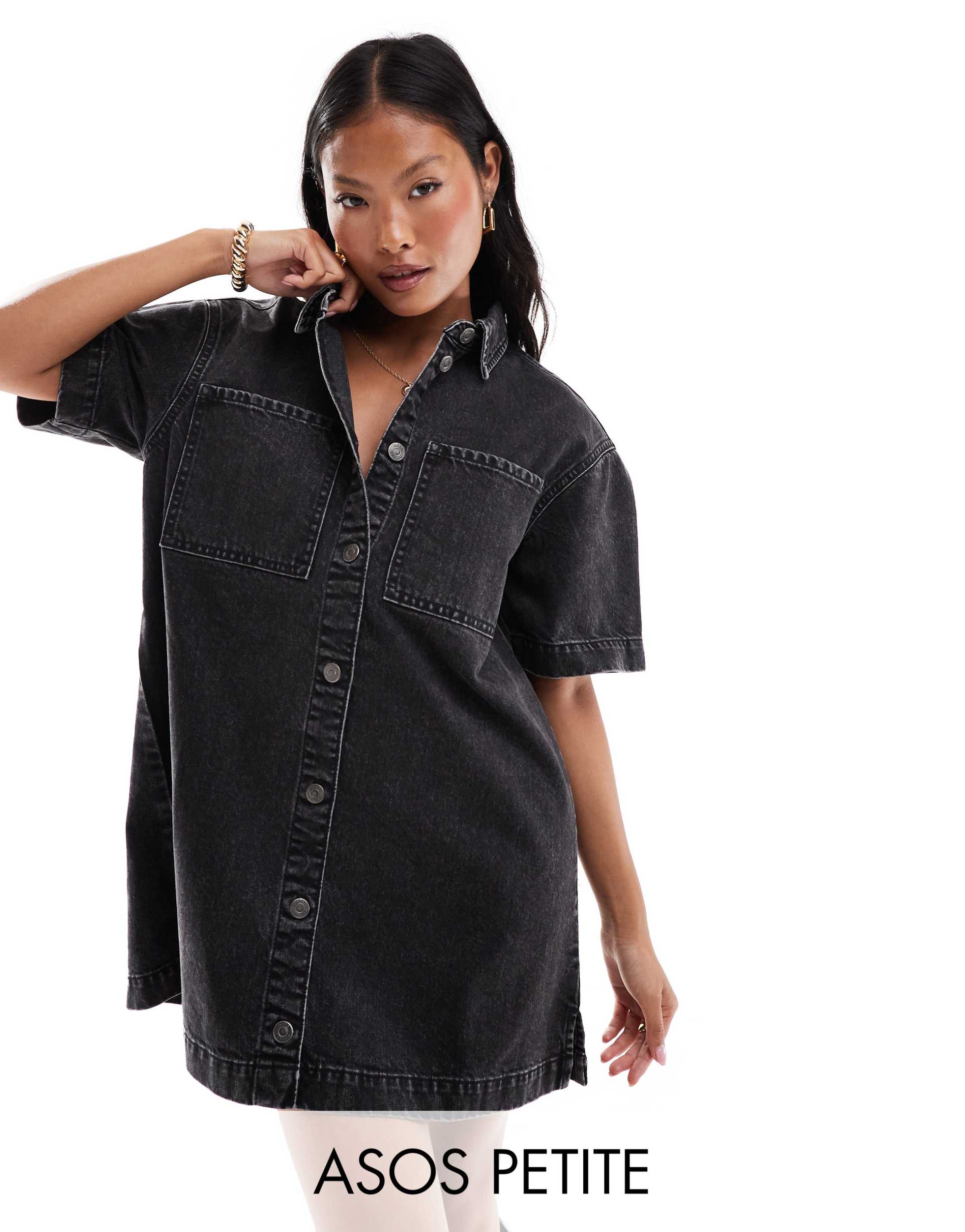 asos design petite short sleeve denim shirt dress in washed black