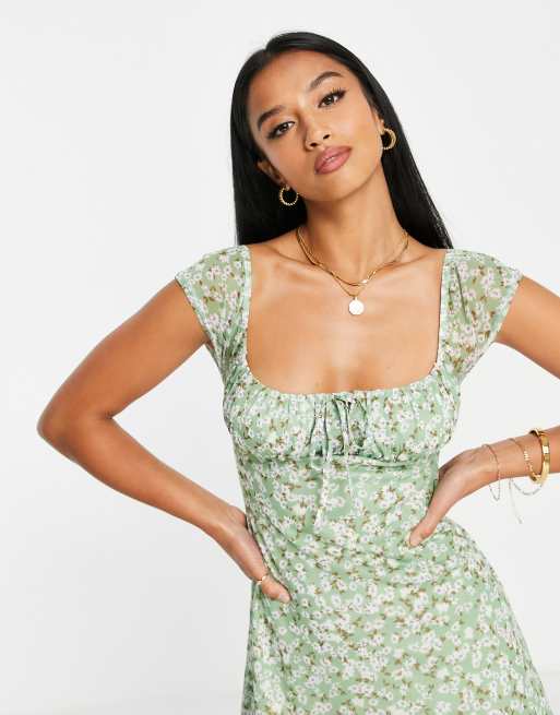 Petite Green Ditsy Floral Short Sleeve Mini Dress