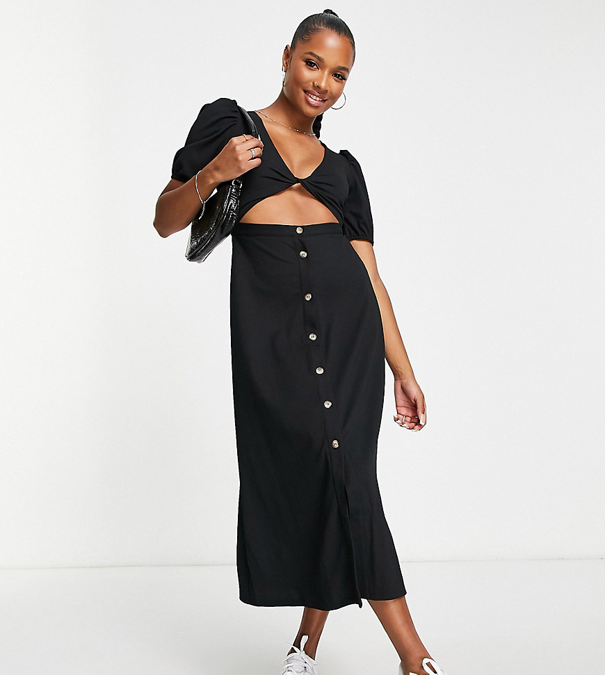 ASOS DESIGN Petite short sleeve midi tea dress with twist front and buttons in black