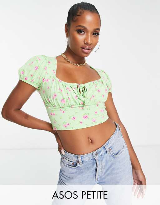 ASOS DESIGN Petite short sleeve milkmaid crop top in green floral