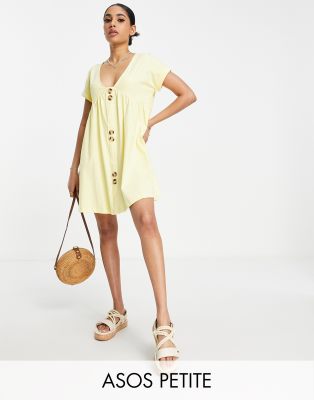 Asos Design Petite Short Sleeve Mini Smock Dress With Large Button Detail In Lemon-yellow