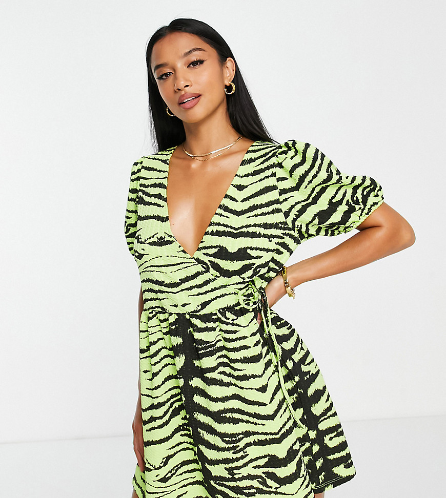 ASOS DESIGN Petite short sleeve smock wrap dress in lime zebra animal-Multi