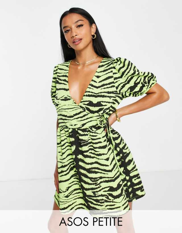 ASOS DESIGN Petite short sleeve smock wrap dress in lime zebra animal