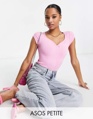 ASOS DESIGN Petite short sleeve T-shirt bodysuit with sweetheart neckline in pink