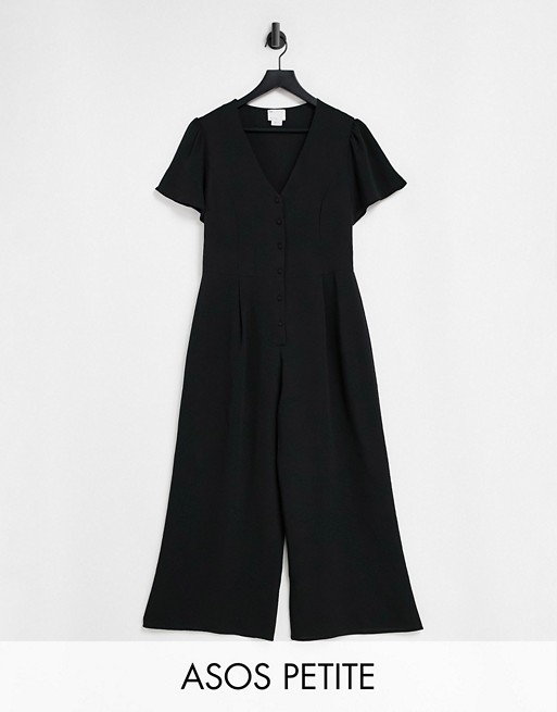 ASOS DESIGN petite bubble crepe short sleeve tea culotte jumpsuit in black