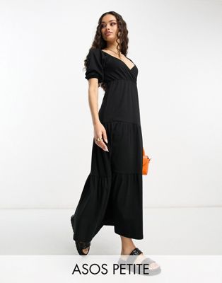 ASOS DESIGN Petite short sleeve wrap tiered midi dress in black