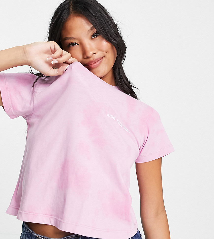 ASOS DESIGN Petite shrunken t-shirt in tie dye with ride the wave print-Pink