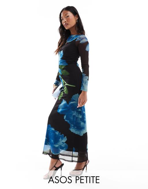 ASOS DESIGN Petite – Siateczkowa sukienka maxi z rozkloszowanymi rękawami w niebieski kwiatowy wzór
