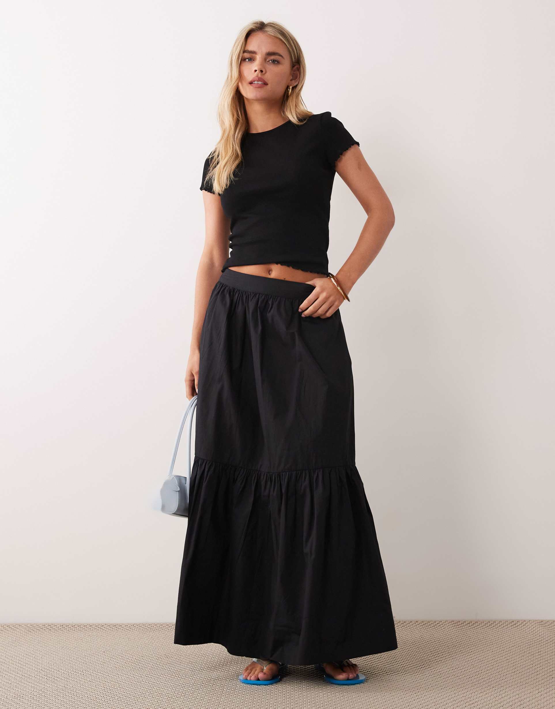 asos design petite single tiered boho maxi skirt in black