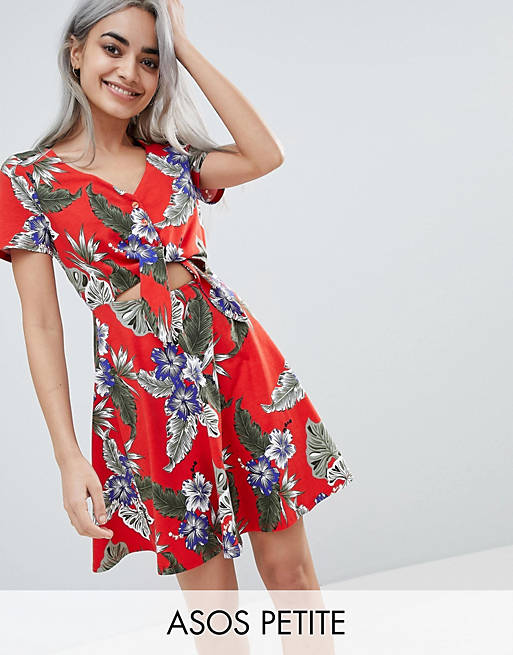 ASOS DESIGN Petite Skater Sundress With Button Front And Tie Knot In Hawaiian Print