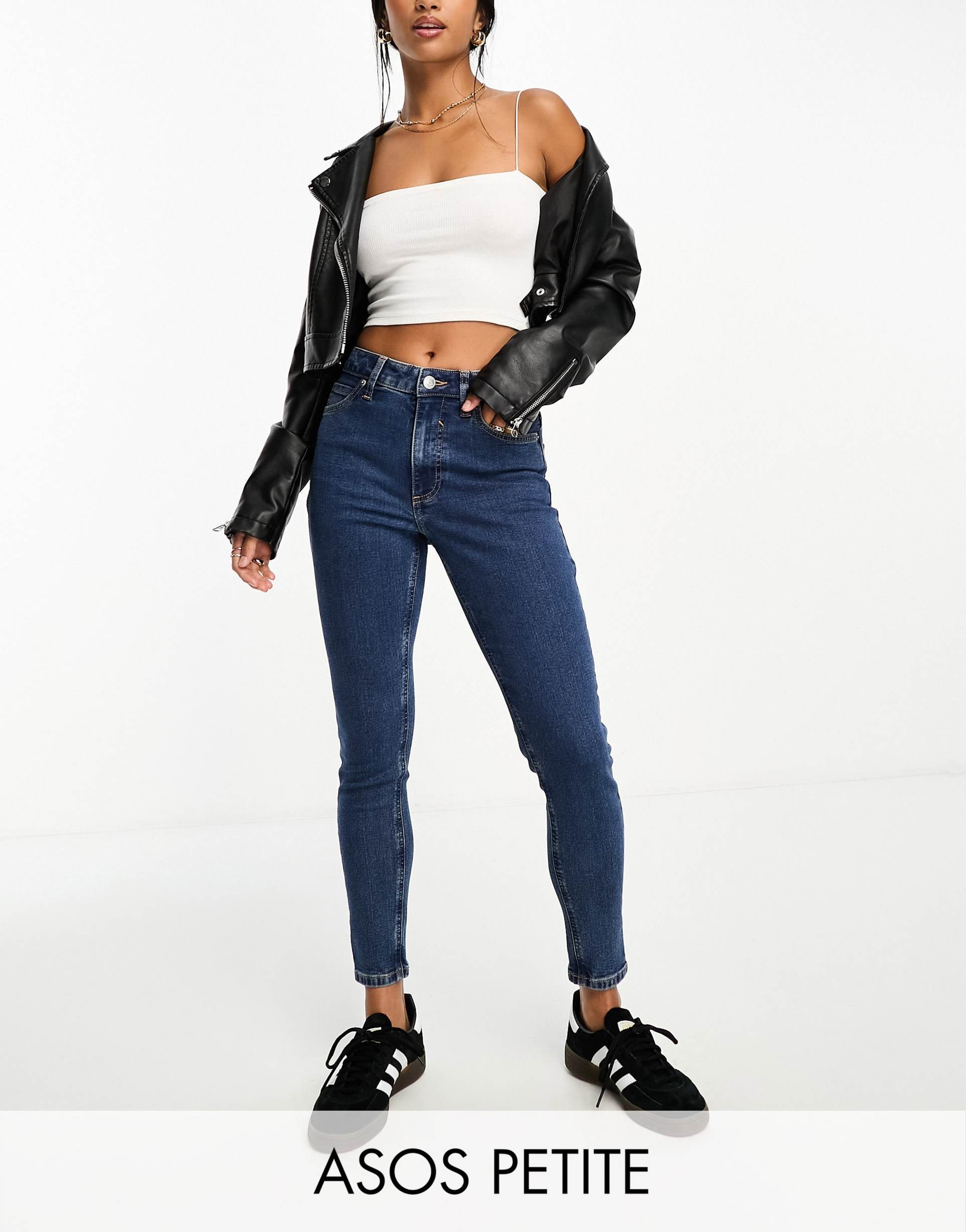 asos design petite skinny jeans in mid blue