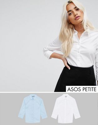 ASOS DESIGN – Petite-skjorta med 3/4-ärm i stretchbomull, 2-pack SPARA 12 %-Flerfärgad