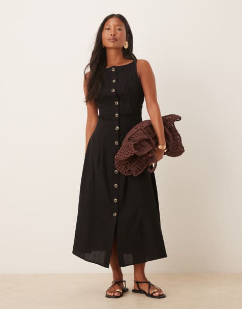 ASOS DESIGN Petite slash neck button down midi vest dress in black - view 1