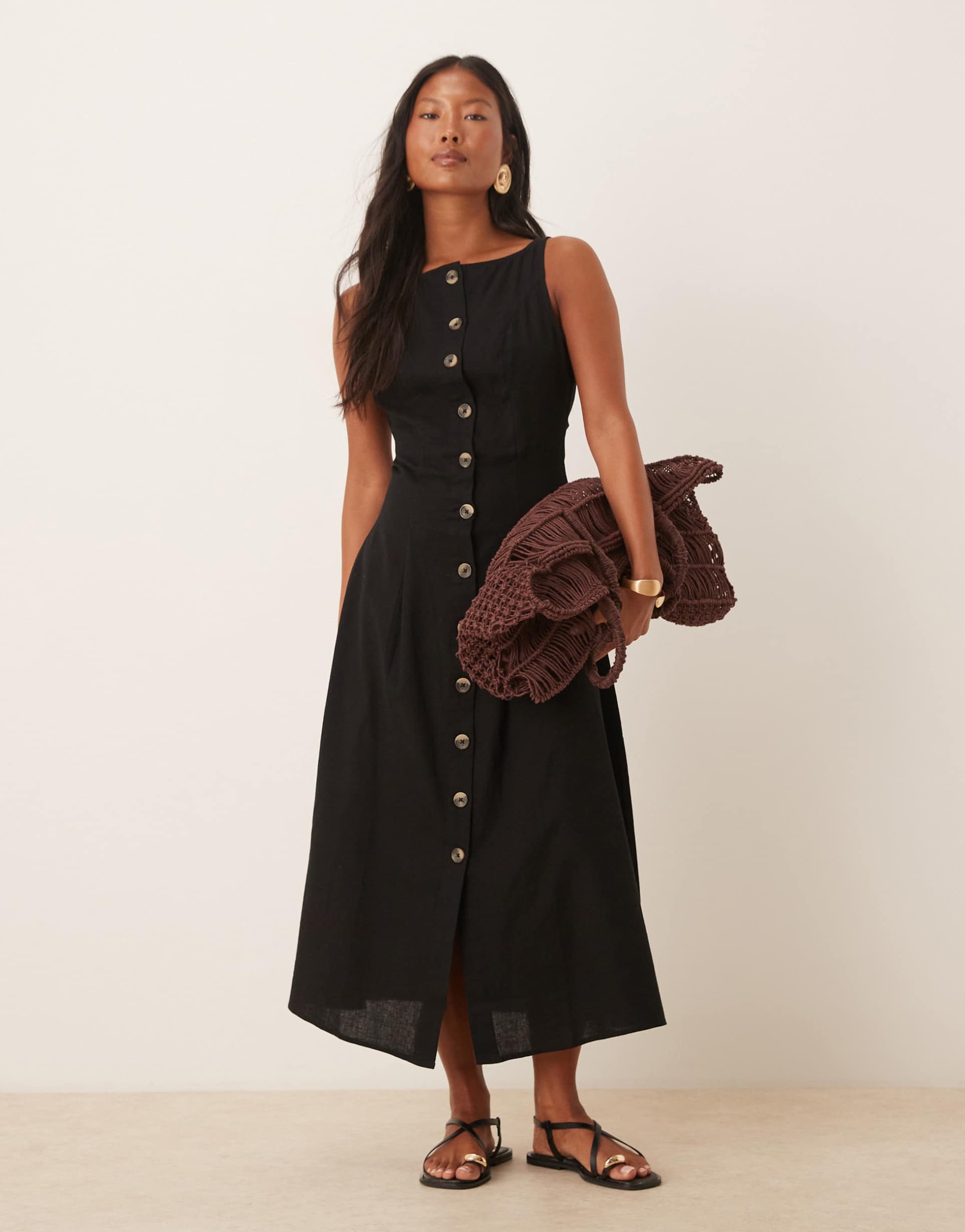 asos design petite slash neck button down midi vest dress in black