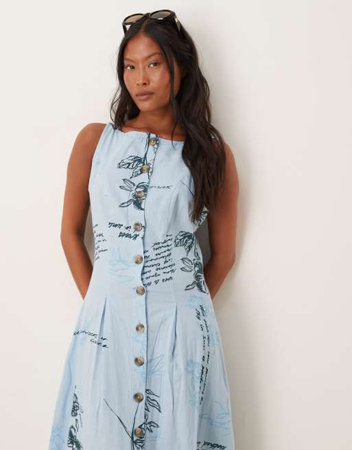 ASOS DESIGN Petite slash neck button down midi vest dress in blue floral print