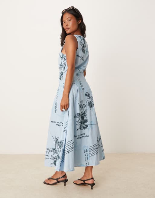 ASOS DESIGN Petite slash neck button down midi vest dress in blue floral print
