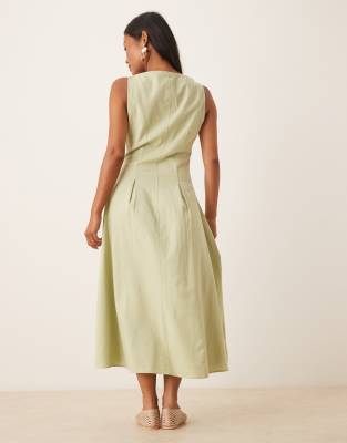 ASOS DESIGN Petite slash neck button down vest midi dress sage